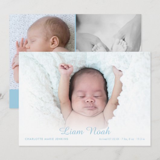 Baby Boy Foto Modern Elegant Script Name Birth Aankondiging (Voorkant / Achterkant)