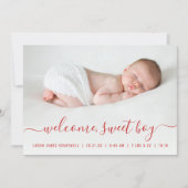 Baby Boy Foto Rood Script Harten Geboorte Aankondiging (Voorkant)