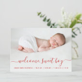 Baby Boy Foto Rood Script Harten Geboorte Aankondiging (Staand voorkant)