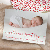 Baby Boy Foto Rood Script Harten Geboorte Aankondiging