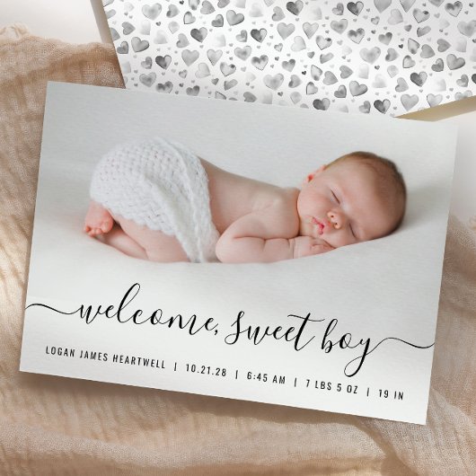 Baby Boy Foto Zwart Wit Script Harten Geboorte Aankondiging