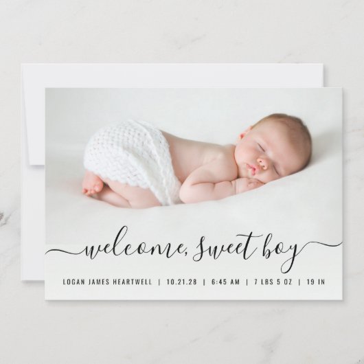 Baby Boy Foto Zwart Wit Script Harten Geboorte Aankondiging (Voorkant)