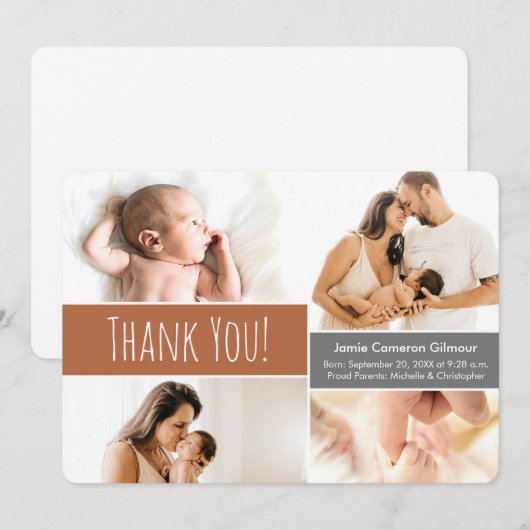 Baby boy Fotocollage Terra cotta sinaasappel Bedankkaart (Voorkant / Achterkant)