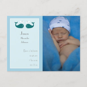 Baby Boy Geboorteaankondiging Briefkaart met walvi