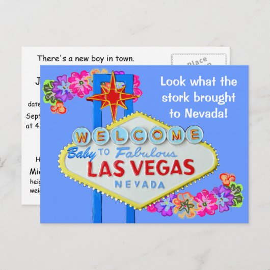 Baby Boy Geboorteaankondiging Las Vegas Aankondigingskaart (Voorkant / Achterkant)