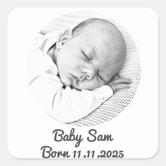 Baby Boy Geboorteaankondiging Naam Aangepaste foto Vierkante Sticker (Voorkant)