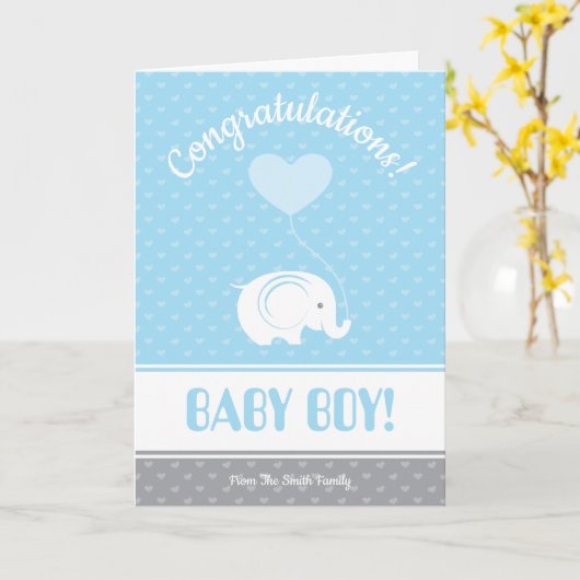 Baby Boy Gefeliciteerd Kaart met Olifant (Gele Bloem)