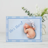 Baby Boy Gingham Pset Modern Foto Birth Aankondiging (Staand voorkant)