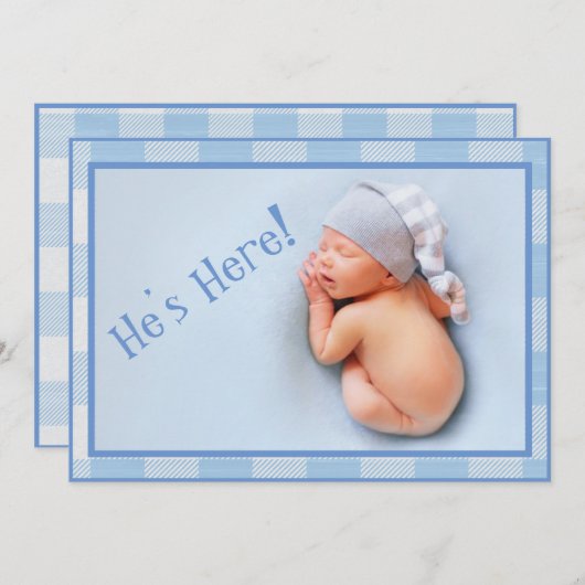 Baby Boy Gingham Pset Modern Foto Birth Aankondiging (Voorkant / Achterkant)