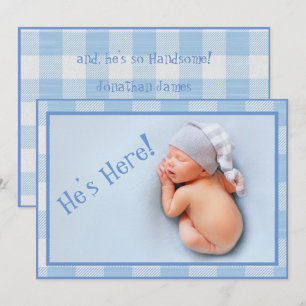 Baby Boy Gingham Pset Modern Foto Birth Aankondiging