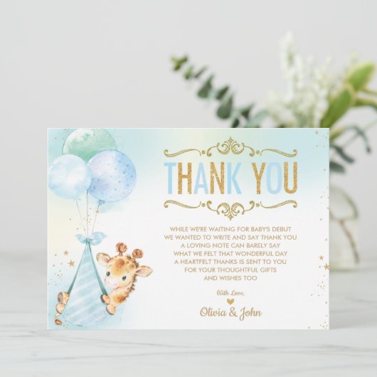 Baby Boy Giraffe Ballonnen Baby shower Sprinkle Bedankkaart (Staand voorkant)