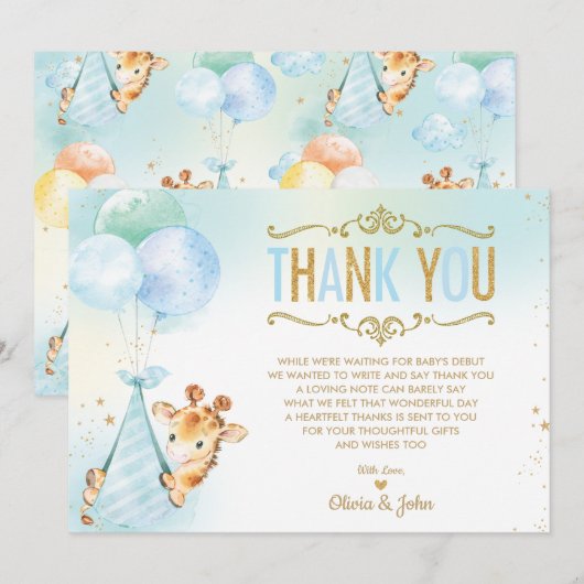 Baby Boy Giraffe Ballonnen Baby shower Sprinkle Bedankkaart (Voorkant / Achterkant)