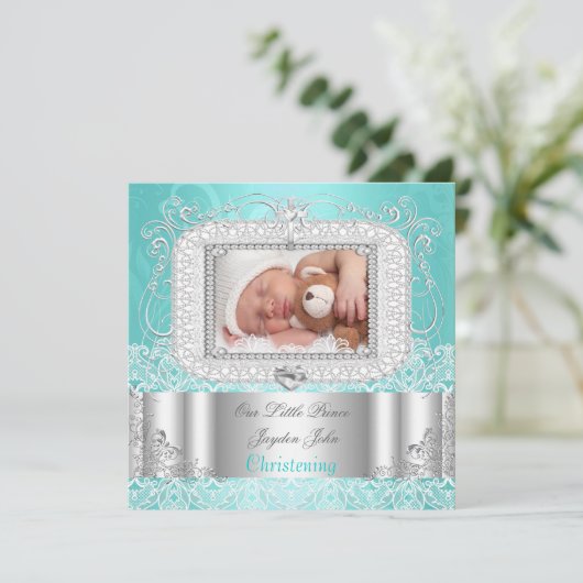 Baby Boy girl Christening Baptism blauwgroen Aankondiging (Staand voorkant)