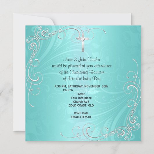 Baby Boy girl Christening Baptism blauwgroen Aankondiging (Achterkant)
