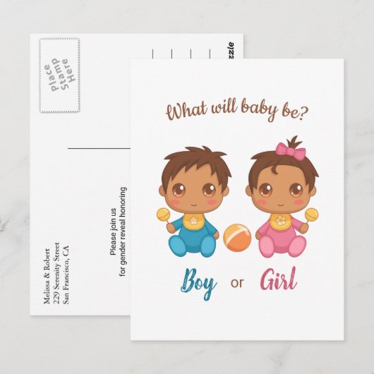 Baby Boy Girl Gender onthulling Briefkaart van Uit (Voorkant / Achterkant)