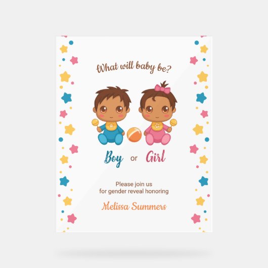 Baby Boy Girl Gender Reopenbaart uitnodiging Acryl Bord (Voorkant)