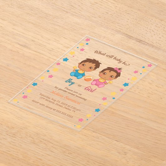 Baby Boy Girl Gender Reveal Party 2 Acryl Uitnodigingen (Laagn)