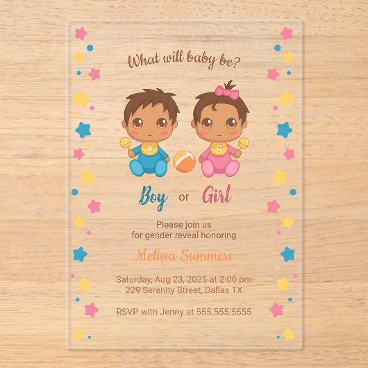 Baby Boy Girl Gender Reveal Party 2 Acryl Uitnodigingen (Voorkant)