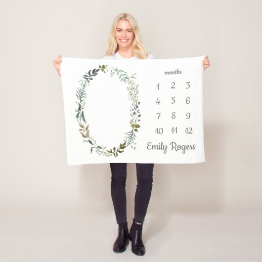 Baby Boy Girl Monthly Milestone Cute Greenery Fleece Deken (In situ)