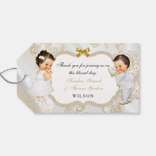 Baby Boy Girl Twins Baptism Christening Gold Cross Cadeaulabel (Achterkant Horizontaal)