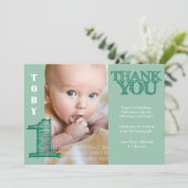 Baby Boy Green 1st Birthday Dank je wel Bedankkaart (Staand voorkant)