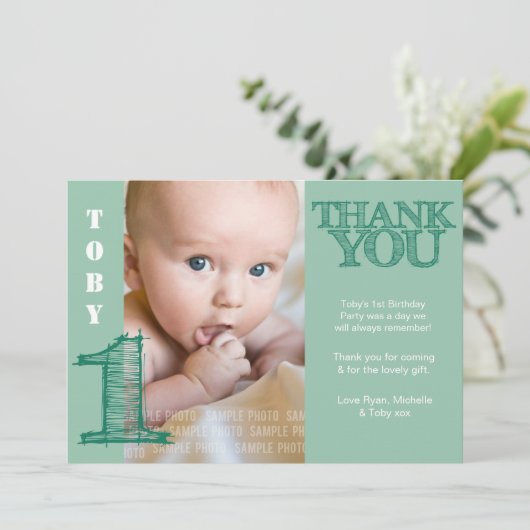 Baby Boy Green 1st Birthday Dank je wel Bedankkaart (Staand voorkant)