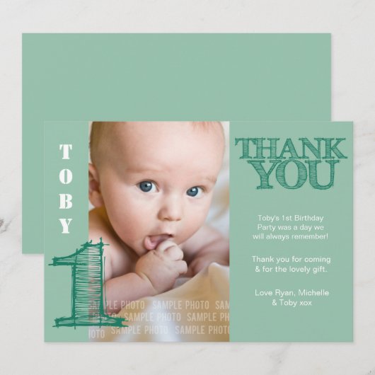 Baby Boy Green 1st Birthday Dank je wel Bedankkaart (Voorkant / Achterkant)