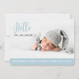 Baby boy hallo deklaag foto modern pastelblauw aankondiging