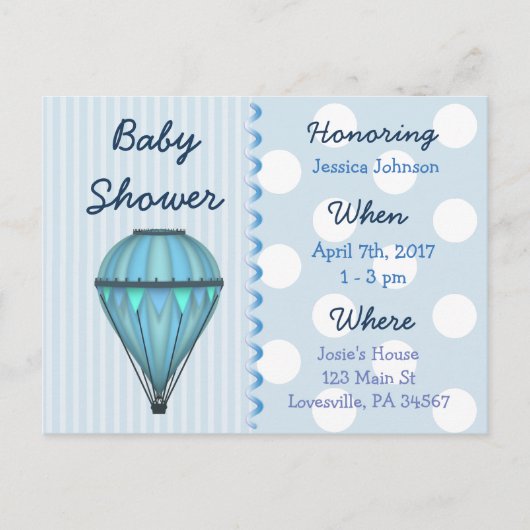 Baby Boy Hete Luchtballon Baby shower Invitation Uitnodiging Briefkaart (Voorkant)