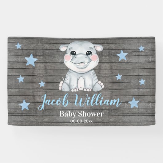 Baby Boy Hippo Banner Sign Rustieke Achtergrond Do (Horizontaal)