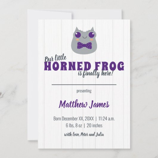Baby Boy Horned Frog Paarse Vertical Baby Aankondiging (Voorkant)