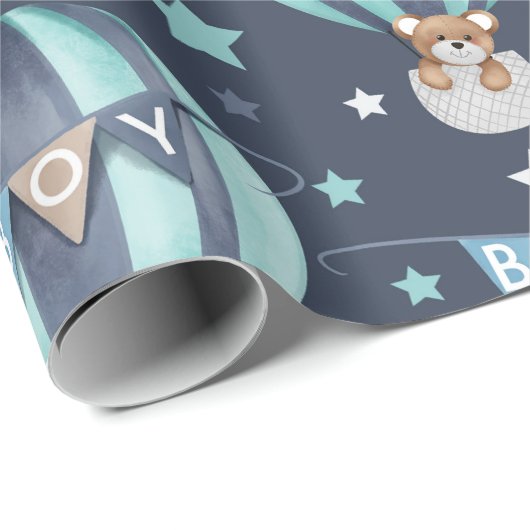 Baby Boy Hot Air ballon en Beer Patroon Cadeaupapier (Rol Hoek)