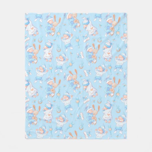 Baby Boy Hugging Bunny I Love Mam Heart Fleece Deken (Voorkant)