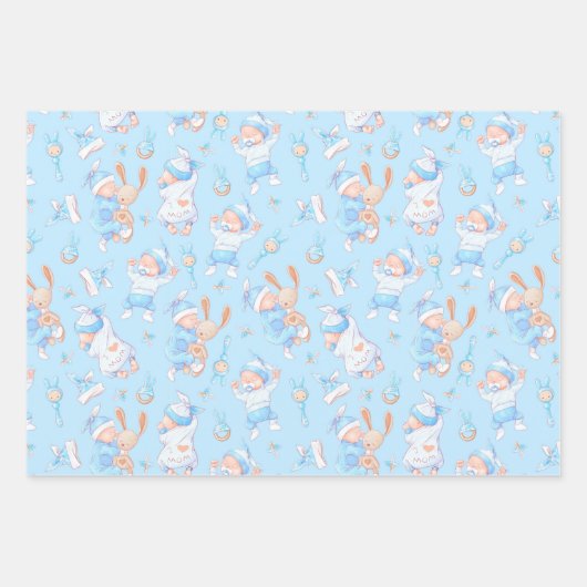 Baby Boy Hugging Bunny I Love Mam Heart Inpakpapier Vel (Voorkant 2)