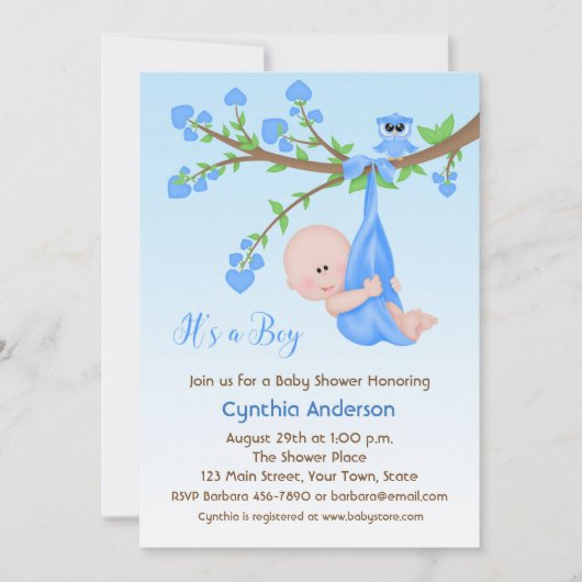 Baby Boy in Tree, Baby shower Kaart (Voorkant)
