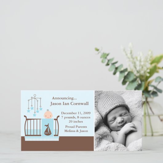 Baby Boy in Wieg Foto geboorteaankondigingen Aankondiging (Staand voorkant)