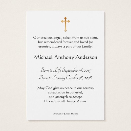 Baby Boy Katholieke begrafenisherdenking Heilige K Visitekaartje (Achterkant)