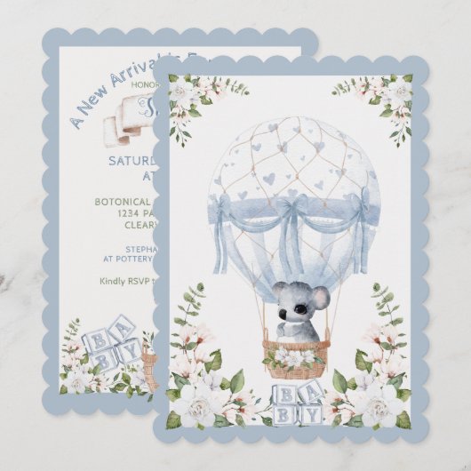 Baby Boy Koala Hot Air ballon Waterverf Shower Kaart (Voorkant / Achterkant)