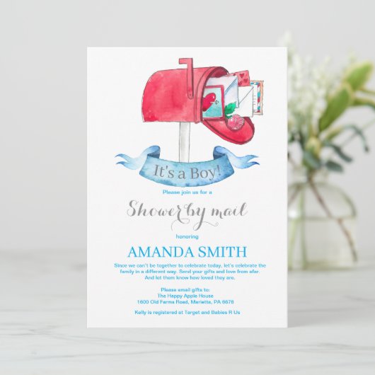 Baby Boy Lange Afstand Douche door Mail Uitnodigin Kaart (Staand voorkant)