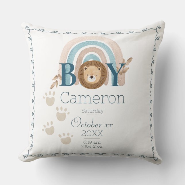 Baby Boy Lion Custom Naam en Geboorte Details Kussen (Voorkant)