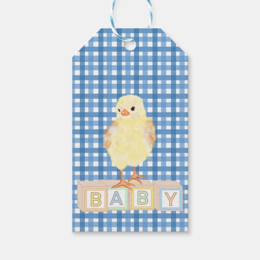 Baby Boy Little Chick Blue Gingham Cadeaulabel (Voorkant)