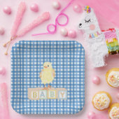 Baby Boy Little Chick Blue Gingham Papieren Bordje (Feest)