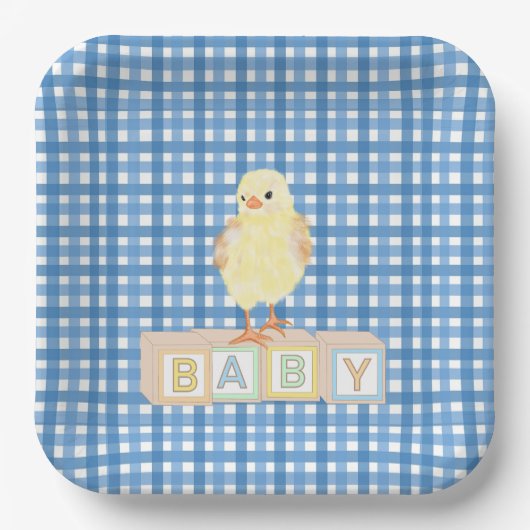 Baby Boy Little Chick Blue Gingham Papieren Bordje (Voorkant)