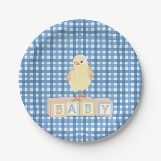 Baby Boy Little Chick Blue Gingham Papieren Bordje (Voorkant)