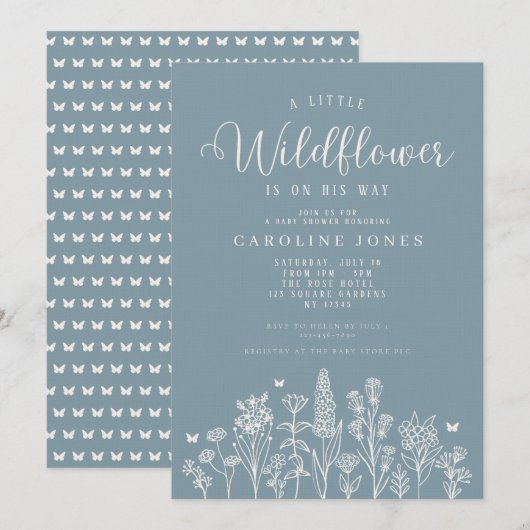 Baby Boy Little Wildflower Blauw Baby shower Kaart (Voorkant / Achterkant)