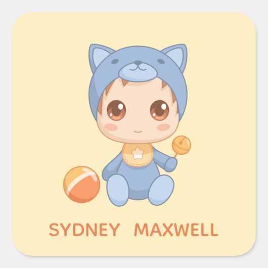 Baby Boy Meisje Kat Jumpsuit Custom Naam Geel Vierkante Sticker (Voorkant)