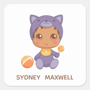 Baby Boy Meisje Paarse Kat Jumpsuit Aangepaste Naa Vierkante Sticker