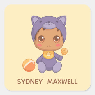 Baby Boy Meisje Paarse Kat Suit Custom Naam Geel Vierkante Sticker