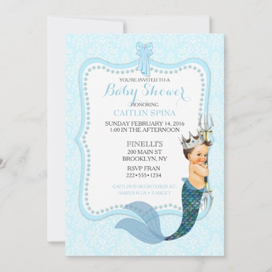 Baby Boy Merman Merboy Prince Crown Damask Invitat Kaart (Voorkant)