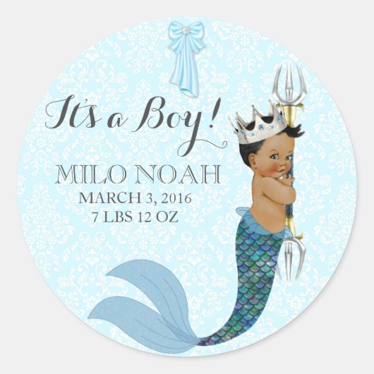 Baby Boy Merman Prince Crown African American Ronde Sticker (Voorkant)